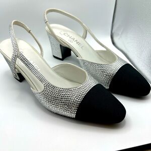 CHANEL Strass Crystal Grosgrain Cap Toe CC Slingback Pumps Size 7 Silver Black